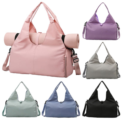 Women's fitness travel bag side view showing structure and storage